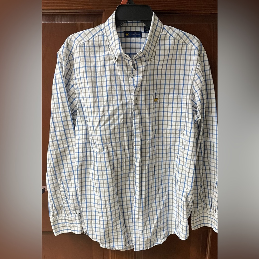 Jack Nicklaus White and Blue Checkered Men's Button Down Shirt Size L Cotton